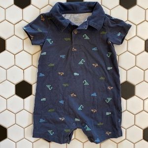 CARTERS | 6M Romper with Buttons and Collar, Construction Trucks Pattern